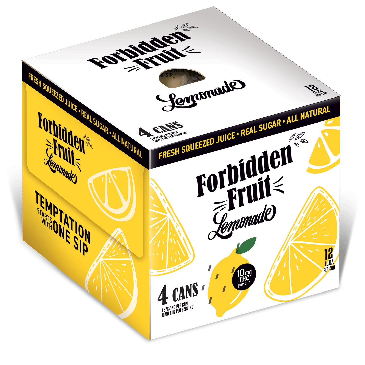 Forbidden Fruit Lemonade 4-pk packaging showcasing 10mg THC lemonade pack with fresh lemon design.