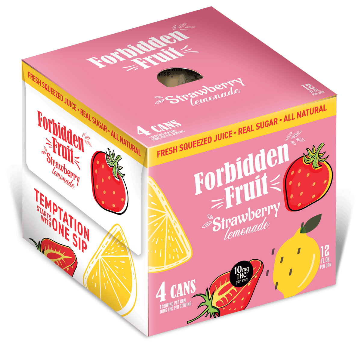 Forbidden Fruit Strawberry Lemonade 4-pk featuring strawberry lemonade THC drink with real fruit juice and 10mg THC.