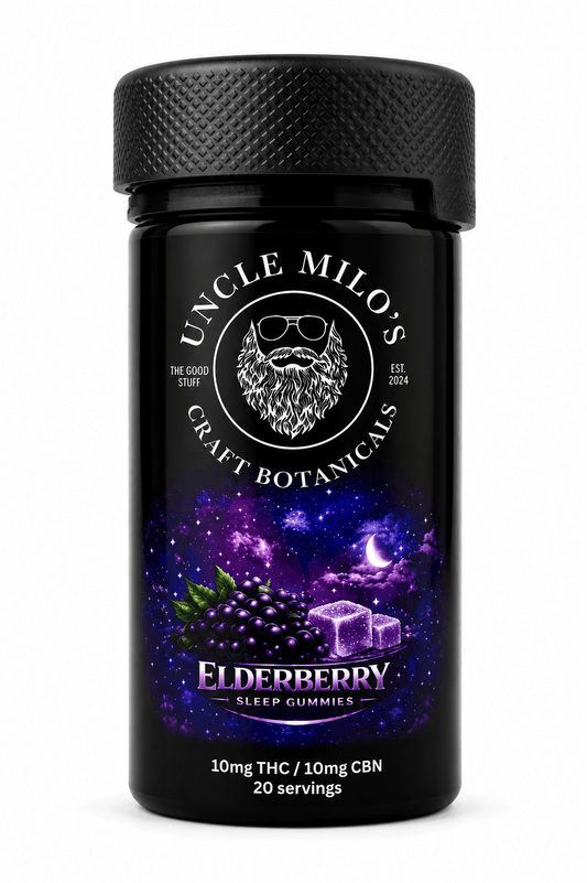 Uncle Milo's Elderberry Sleep Gummies with 10mg Delta-9 THC and 10mg CBN for relaxation and sleep.